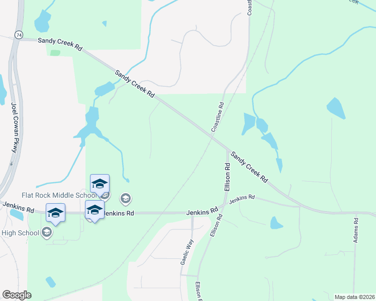 map of restaurants, bars, coffee shops, grocery stores, and more near 1214 Sandy Creek Road in Fayetteville