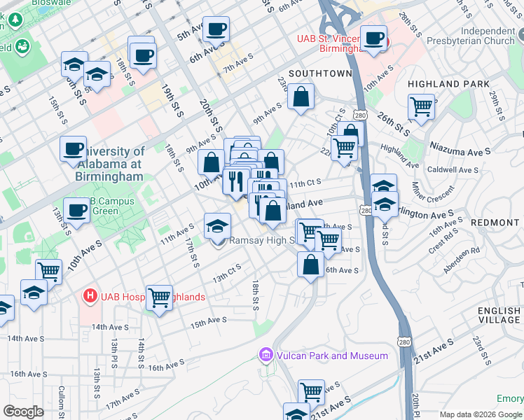 map of restaurants, bars, coffee shops, grocery stores, and more near 1128 20th Street South in Birmingham