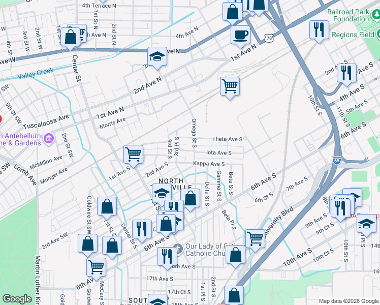 map of restaurants, bars, coffee shops, grocery stores, and more near 405 Iota Avenue South in Birmingham