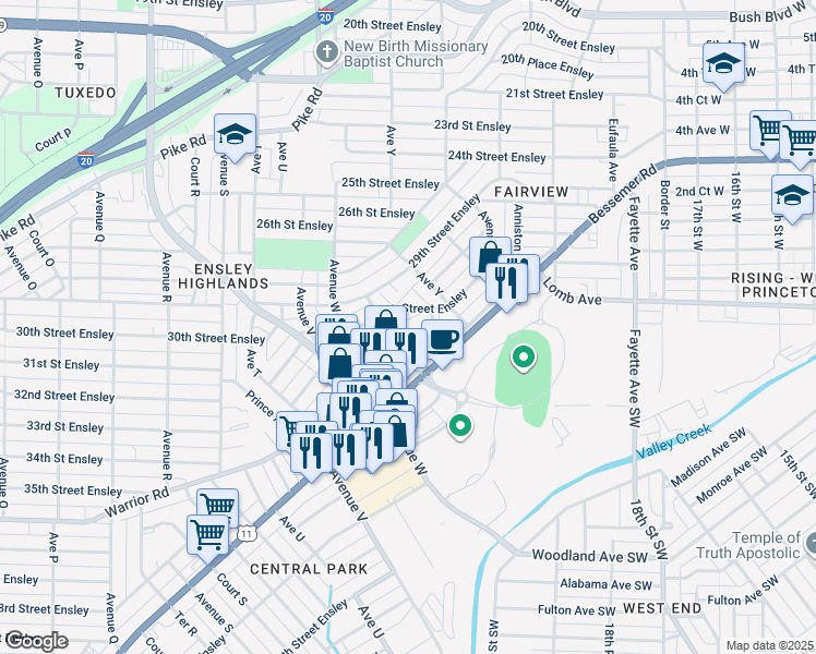 map of restaurants, bars, coffee shops, grocery stores, and more near 2420 31st Street Ensley in Birmingham