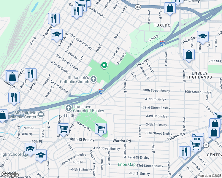 map of restaurants, bars, coffee shops, grocery stores, and more near 1301 Pike Road in Birmingham