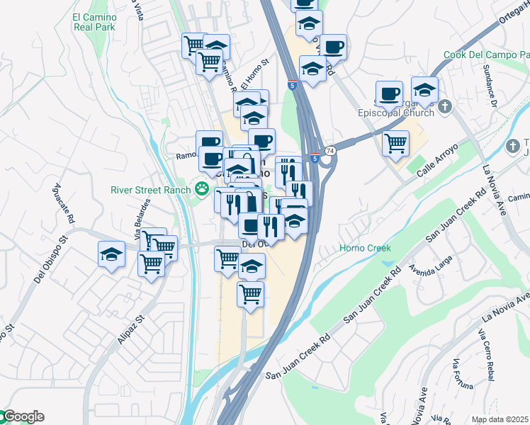 map of restaurants, bars, coffee shops, grocery stores, and more near 31878 Camino Capistrano in San Juan Capistrano