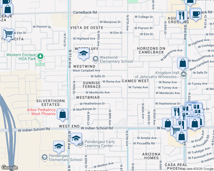 map of restaurants, bars, coffee shops, grocery stores, and more near 8814 West Turney Avenue in Phoenix