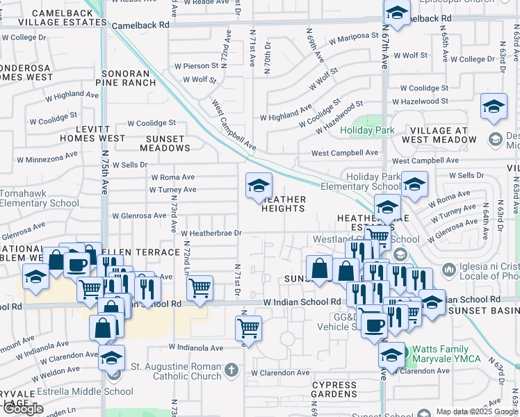 map of restaurants, bars, coffee shops, grocery stores, and more near 7070 West Heatherbrae Drive in Phoenix