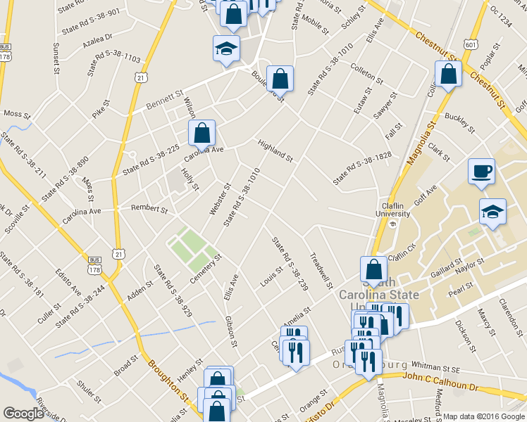 map of restaurants, bars, coffee shops, grocery stores, and more near 687 Ellis Avenue in Orangeburg