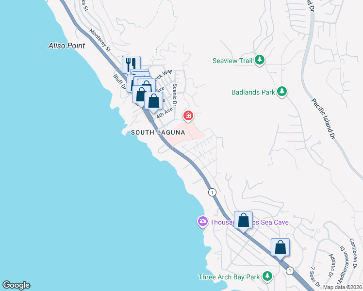 map of restaurants, bars, coffee shops, grocery stores, and more near 31834 7th Avenue in Laguna Beach