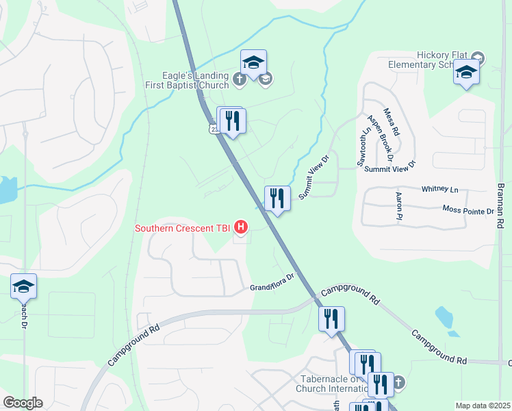 map of restaurants, bars, coffee shops, grocery stores, and more near 204 Braemar Court in McDonough