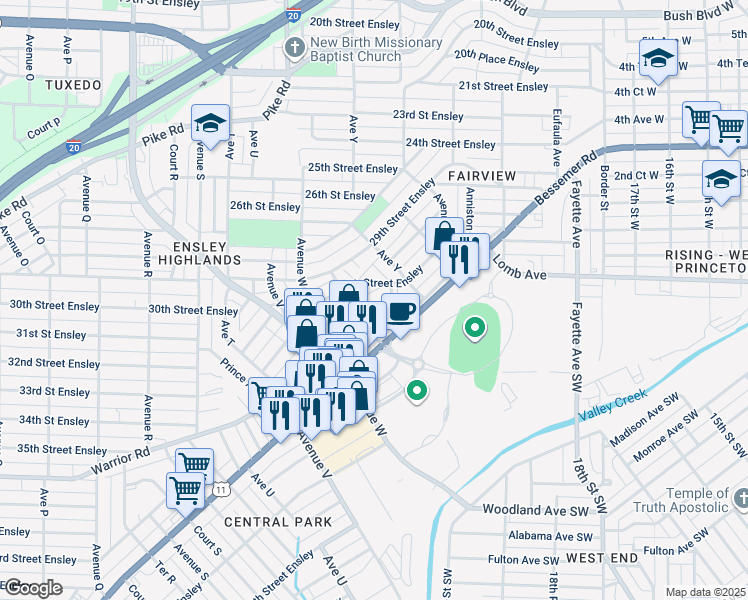 map of restaurants, bars, coffee shops, grocery stores, and more near 2420 31st Street Ensley in Birmingham