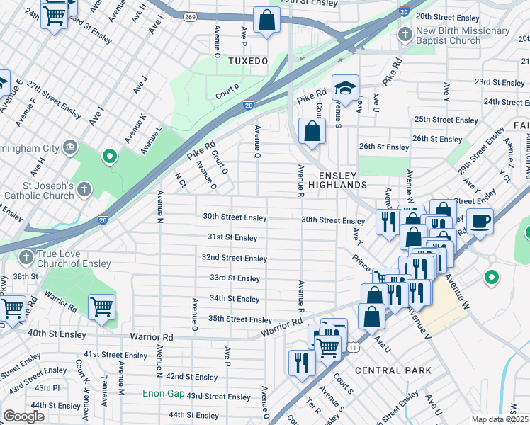 map of restaurants, bars, coffee shops, grocery stores, and more near 1644 30th Street Ensley in Birmingham