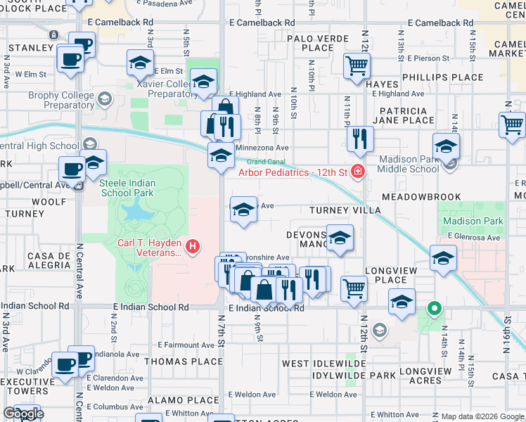map of restaurants, bars, coffee shops, grocery stores, and more near 815 East Turney Avenue in Phoenix