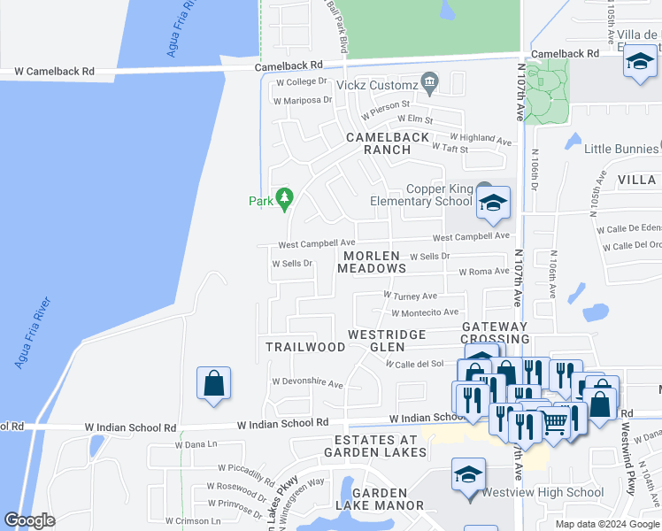 map of restaurants, bars, coffee shops, grocery stores, and more near 4418 North 111th Lane in Phoenix