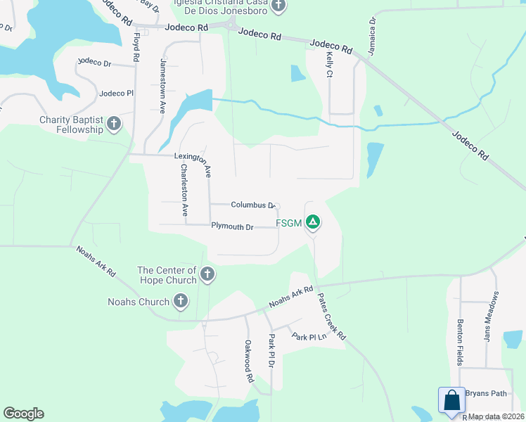 map of restaurants, bars, coffee shops, grocery stores, and more near 1020 Columbus Drive in Jonesboro