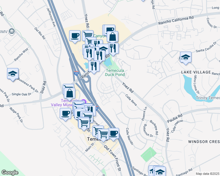 map of restaurants, bars, coffee shops, grocery stores, and more near 42921 Avenida Amistad in Temecula