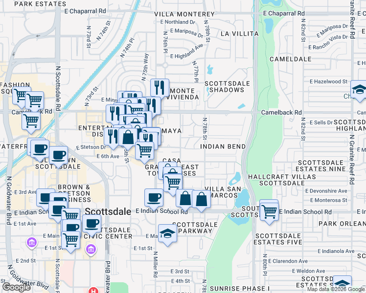 map of restaurants, bars, coffee shops, grocery stores, and more near 4361 North Parkway Avenue in Scottsdale
