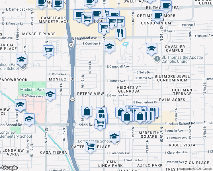 map of restaurants, bars, coffee shops, grocery stores, and more near 2019 East Turney Avenue in Phoenix