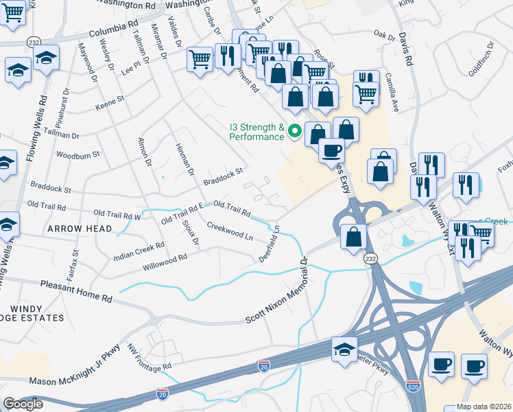 map of restaurants, bars, coffee shops, grocery stores, and more near 3937 Old Trail Road in Augusta