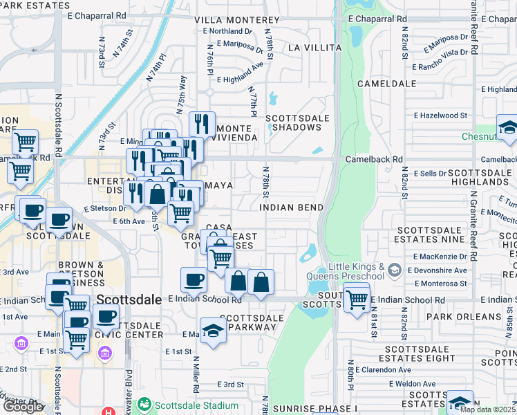 map of restaurants, bars, coffee shops, grocery stores, and more near 4360 North 78th Street in Scottsdale