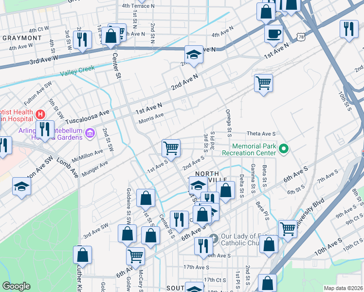 map of restaurants, bars, coffee shops, grocery stores, and more near 108 Kappa Avenue South in Birmingham