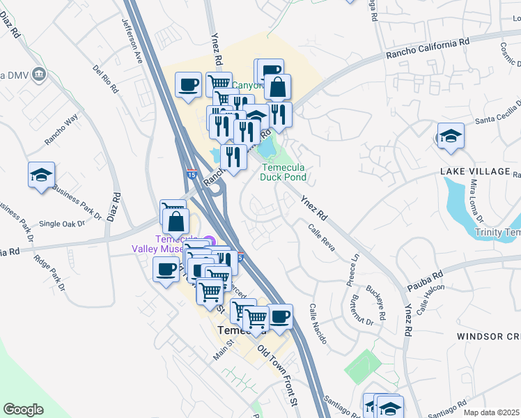 map of restaurants, bars, coffee shops, grocery stores, and more near 27851 Avenida Avila in Temecula