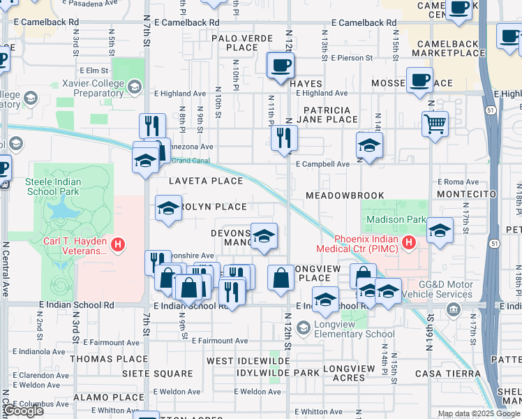 map of restaurants, bars, coffee shops, grocery stores, and more near 1111 East Turney Avenue in Phoenix