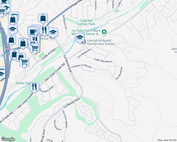 map of restaurants, bars, coffee shops, grocery stores, and more near 27901 Via Estancia in San Juan Capistrano