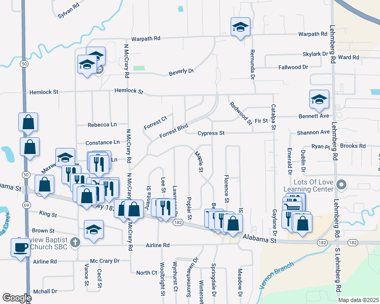map of restaurants, bars, coffee shops, grocery stores, and more near 143 Poplar Street in Columbus