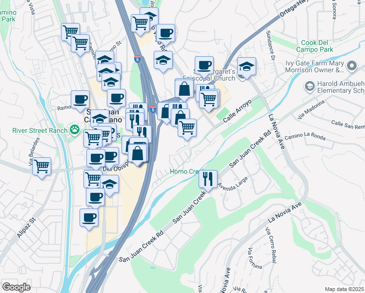 map of restaurants, bars, coffee shops, grocery stores, and more near 27143-27191 Calle Arroyo in San Juan Capistrano