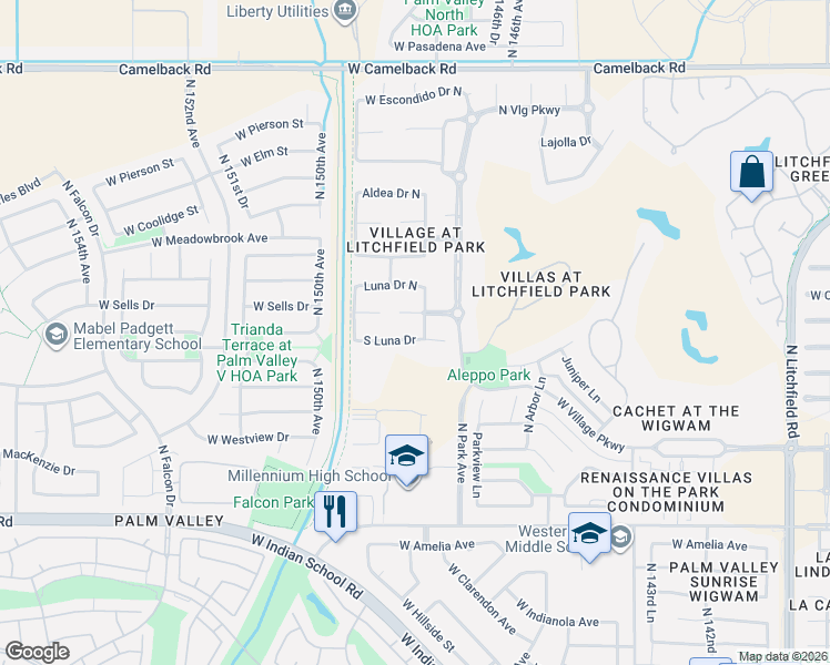 map of restaurants, bars, coffee shops, grocery stores, and more near 14822 Luna Drive North in Litchfield Park