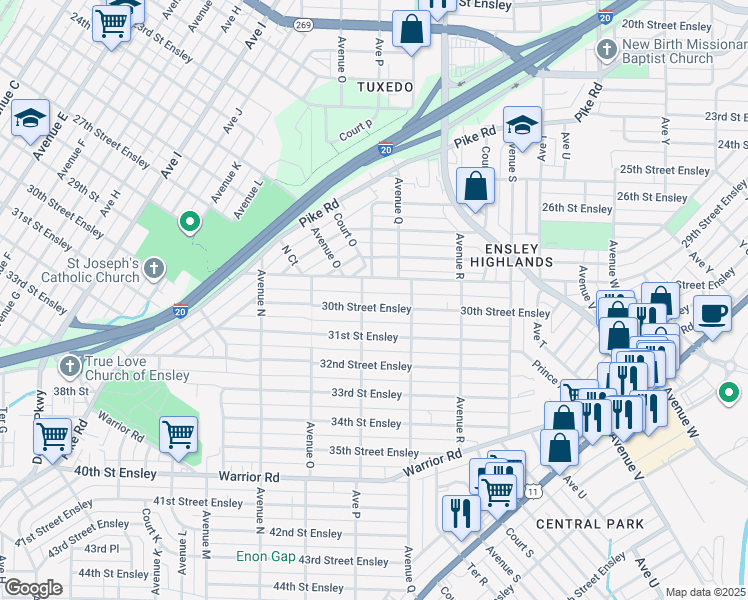 map of restaurants, bars, coffee shops, grocery stores, and more near 1608 30th Street Ensley in Birmingham
