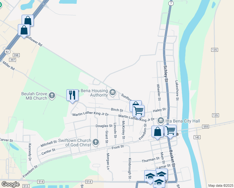 map of restaurants, bars, coffee shops, grocery stores, and more near 308 Sunflower Road in Itta Bena