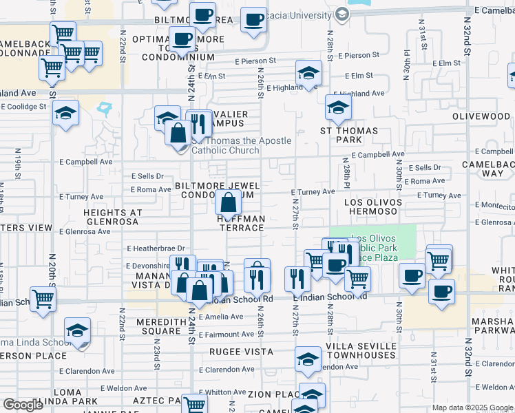 map of restaurants, bars, coffee shops, grocery stores, and more near 2546 East Montecito Avenue in Phoenix