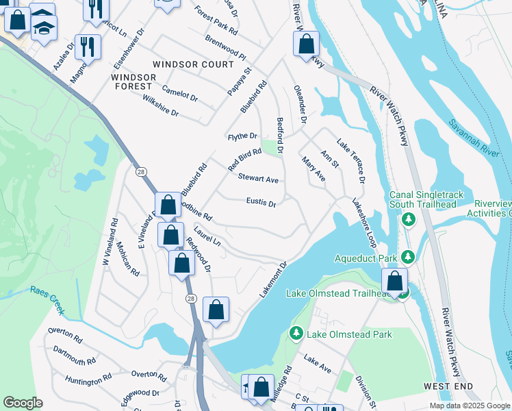 map of restaurants, bars, coffee shops, grocery stores, and more near 1018 Eustis Drive in Augusta