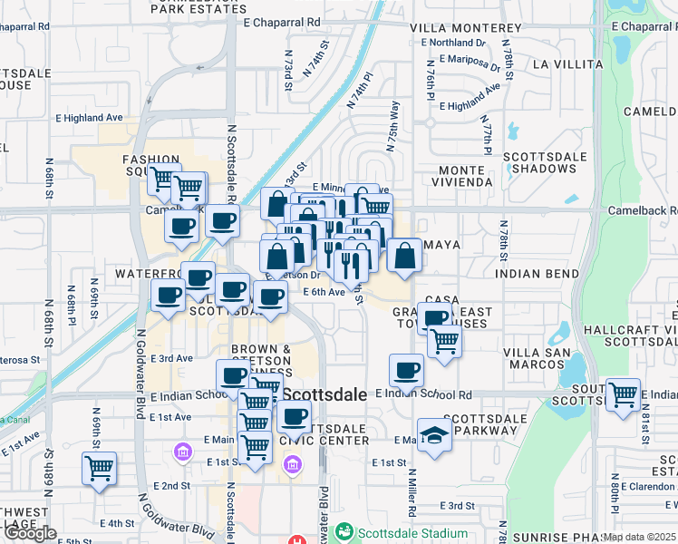 map of restaurants, bars, coffee shops, grocery stores, and more near 4333 North Civic Center Plaza in Scottsdale
