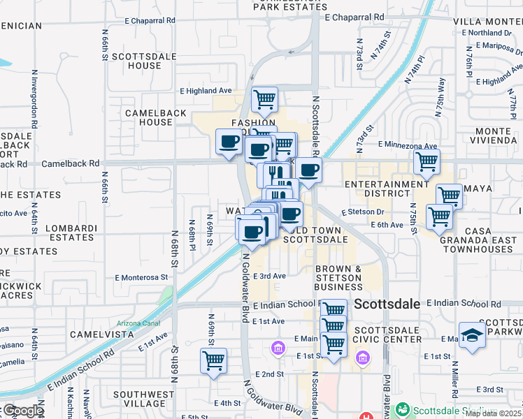 map of restaurants, bars, coffee shops, grocery stores, and more near in Scottsdale