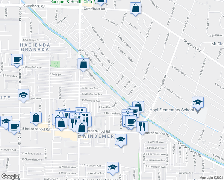 map of restaurants, bars, coffee shops, grocery stores, and more near 4602 East Montecito Avenue in Phoenix