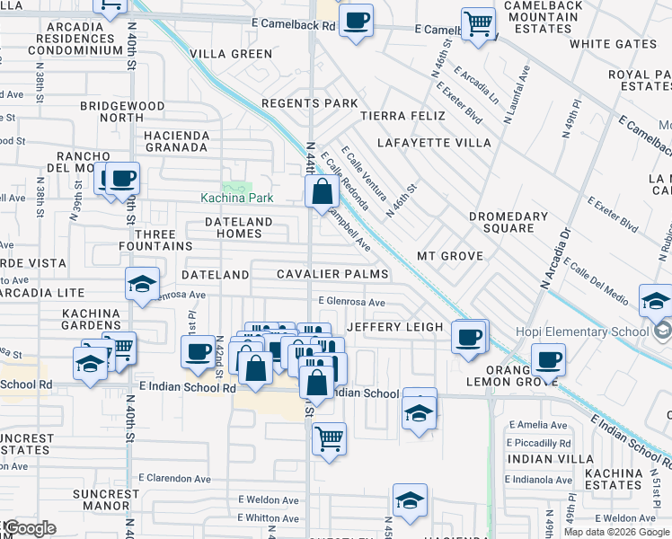 map of restaurants, bars, coffee shops, grocery stores, and more near 4432 East Montecito Avenue in Phoenix