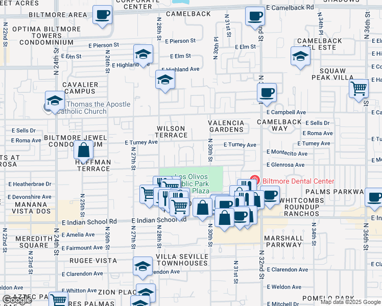 map of restaurants, bars, coffee shops, grocery stores, and more near 4315 North 29th Place in Phoenix