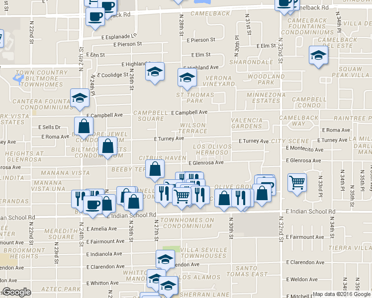 map of restaurants, bars, coffee shops, grocery stores, and more near 4317 North 28th Street in Phoenix