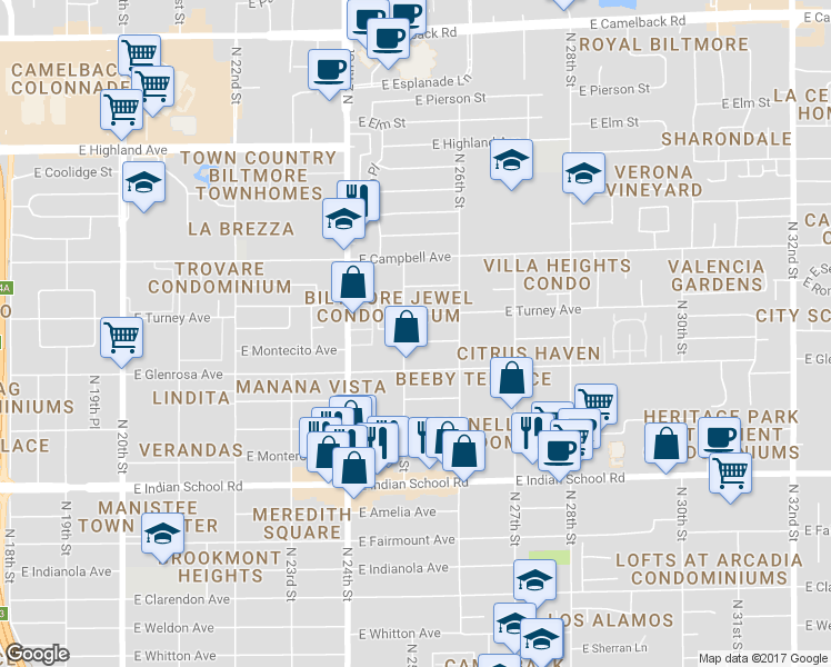 map of restaurants, bars, coffee shops, grocery stores, and more near in Phoenix