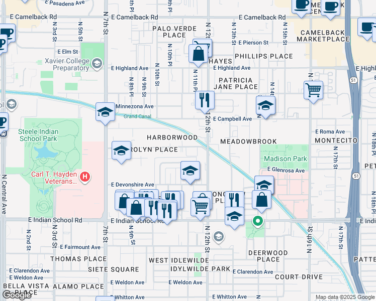 map of restaurants, bars, coffee shops, grocery stores, and more near 1111 East Turney Avenue in Phoenix