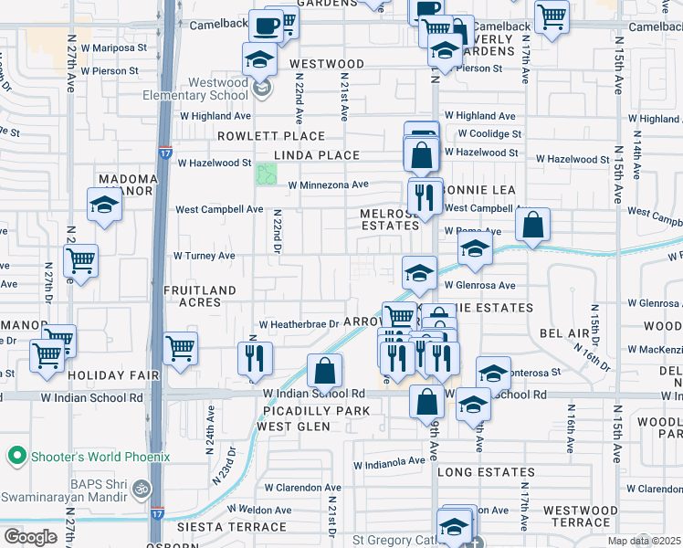 map of restaurants, bars, coffee shops, grocery stores, and more near 2025 West Turney Avenue in Phoenix