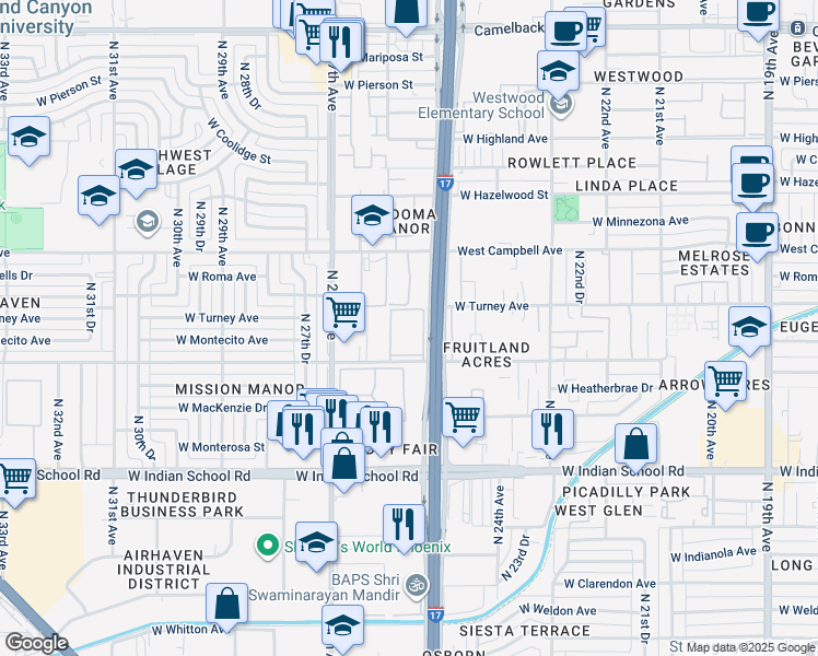 map of restaurants, bars, coffee shops, grocery stores, and more near 2524 West Glenrosa Avenue in Phoenix