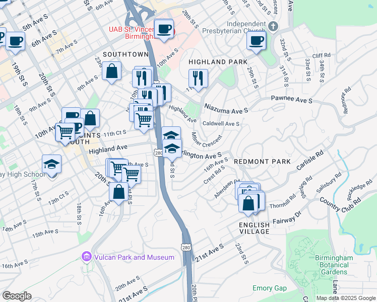 map of restaurants, bars, coffee shops, grocery stores, and more near 2405 Arlington Avenue South in Birmingham