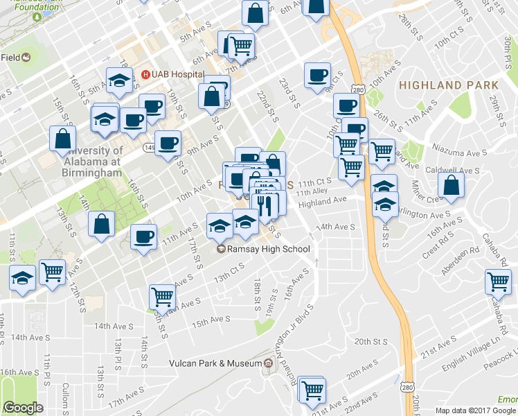 map of restaurants, bars, coffee shops, grocery stores, and more near 1128 20th Street South in Birmingham