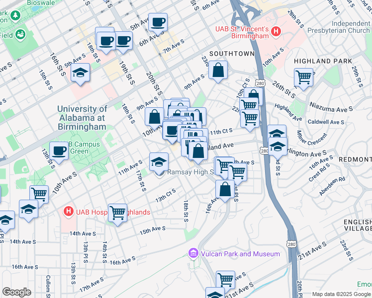 map of restaurants, bars, coffee shops, grocery stores, and more near 1128 20th Street South in Birmingham