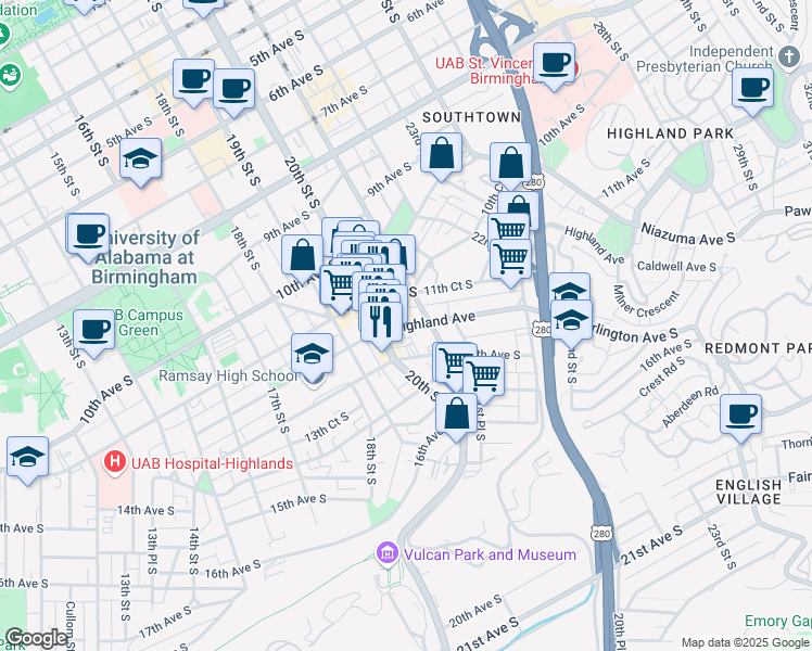 map of restaurants, bars, coffee shops, grocery stores, and more near Highland Avenue South & 13th Alley in Birmingham