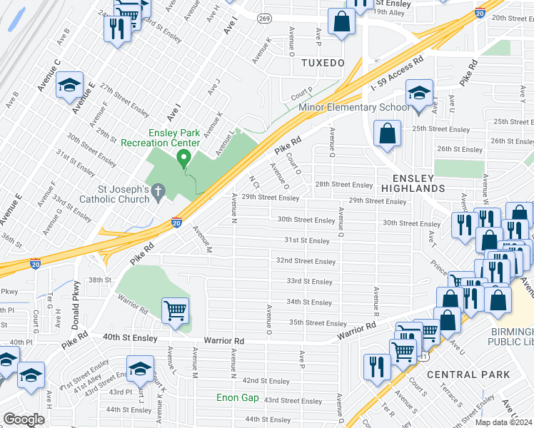 map of restaurants, bars, coffee shops, grocery stores, and more near 1444 30th Street Ensley in Birmingham