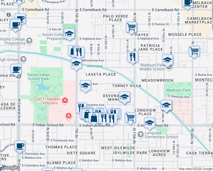 map of restaurants, bars, coffee shops, grocery stores, and more near 925 East Turney Avenue in Phoenix