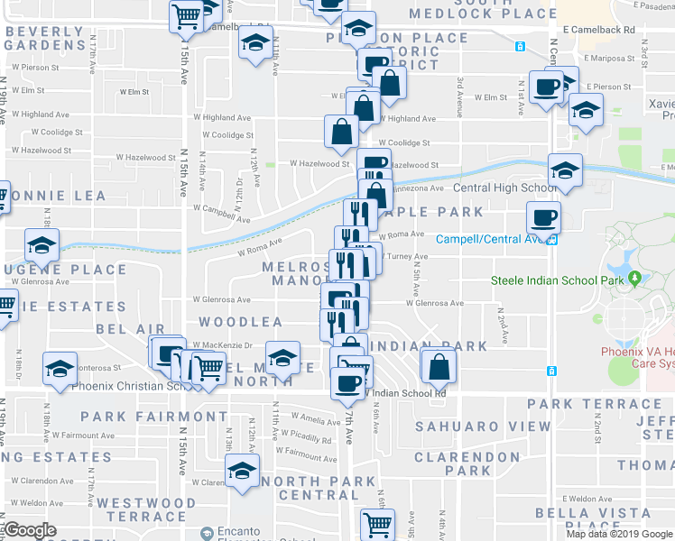 map of restaurants, bars, coffee shops, grocery stores, and more near 801 West Turney Avenue in Phoenix