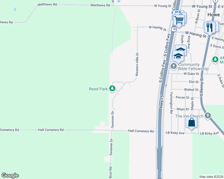 map of restaurants, bars, coffee shops, grocery stores, and more near 1133 Reed Circle in Howe